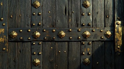 Fototapeta premium Dark Wooden Gate With Intricate Gold Metalwork Details. Ornate Gate Design. 