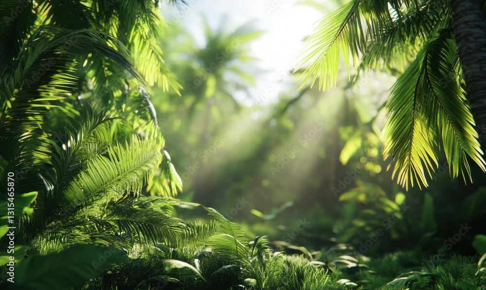 Poster lush tropical landscape with green palm leaves in the foreground, sunlight streaming through, creati