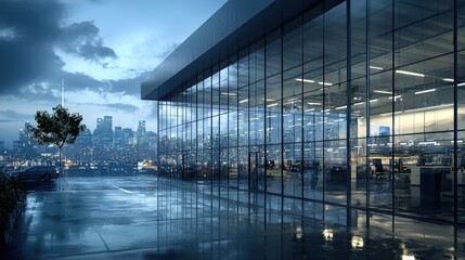 Modern glass building at dusk, city skyline reflected in wet pavement.