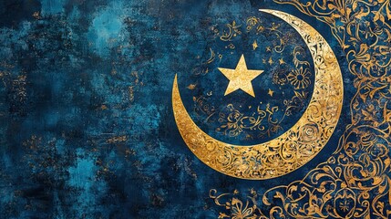 Ornate gold crescent moon & star design against textured blue background, with filigree details, celestial vibe, and spiritual elegance