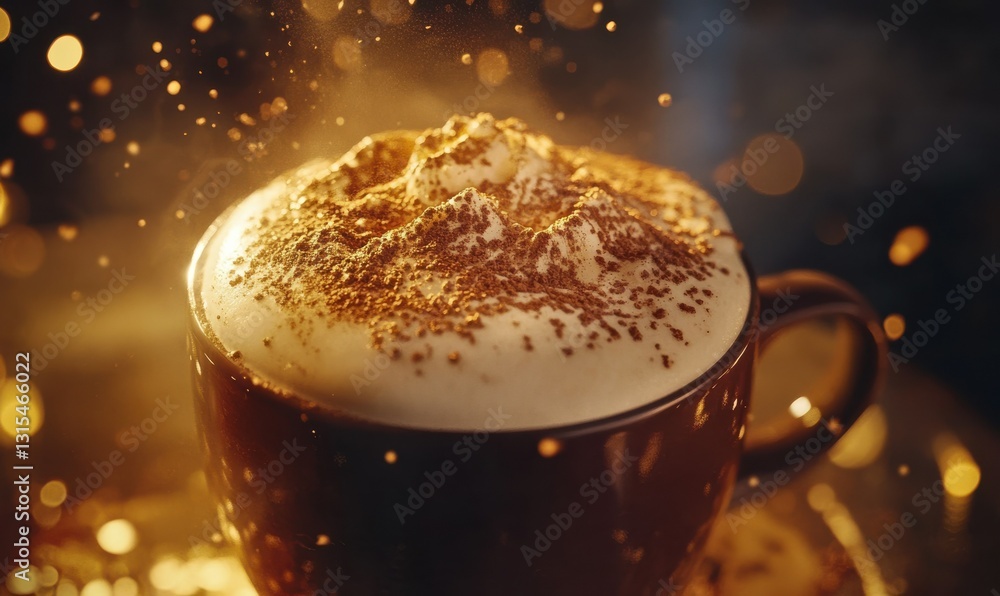 Poster luxurious cup of creamy cappuccino topped with frothy milk and cocoa powder illuminated by warm soft