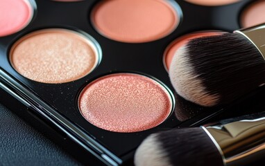 Close-up of a makeup palette with various shades of eyeshadow and makeup brushes. The palette is black and the eyeshadows are warm-toned pinks and peaches