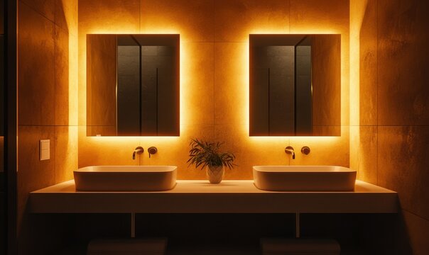 Luxurious modern bathroom with dual mirrors, sleek sinks, and soft lighting creating a spa-like retreat in a contemporary home