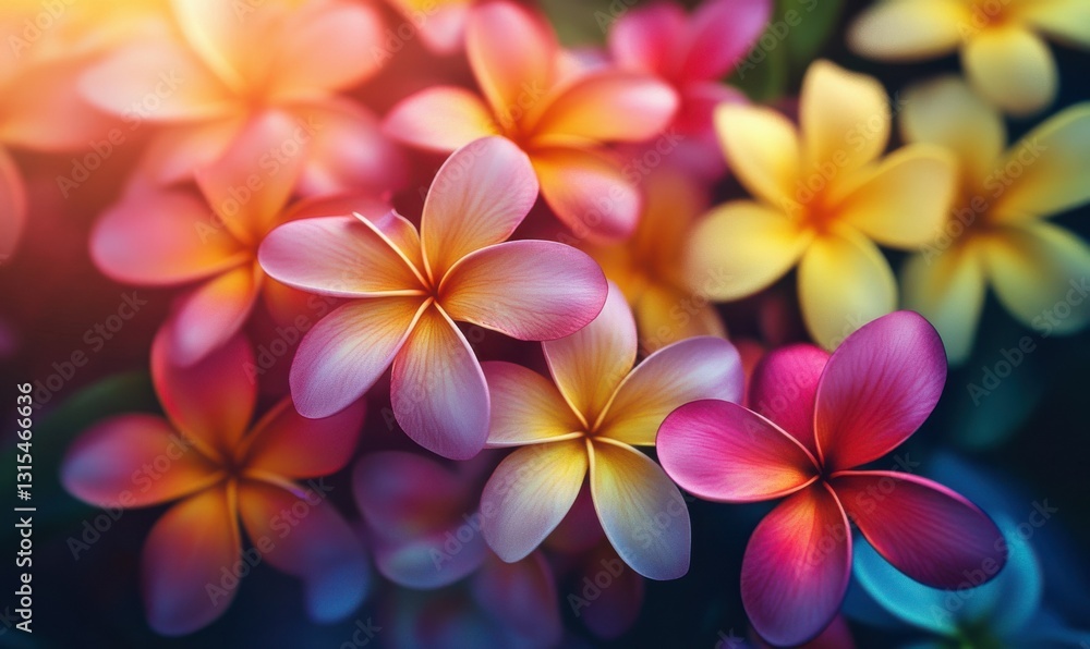 Poster macro shot of vibrant colorful tropical flowers illuminated by soft natural light showcasing intrica
