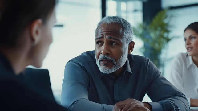 A diverse group of colleagues engaged in a brainstorming session in a modern conference room. shows detailed facial expressions