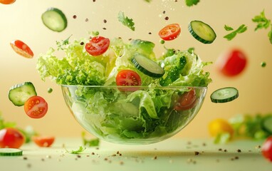 Fresh salad ingredients like lettuce, tomatoes, and cucumbers are dynamically suspended in mid-air above a glass bowl against a pale yellow backdrop