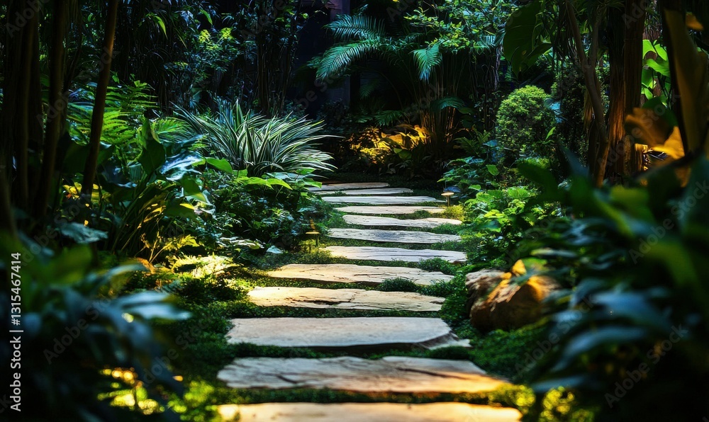 Poster rustic stone pathway surrounded by lush greenery, softly illuminated to create a serene and inviting