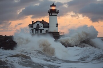 Obraz premium lighthouse enduring stormy waves under golden sunlight.