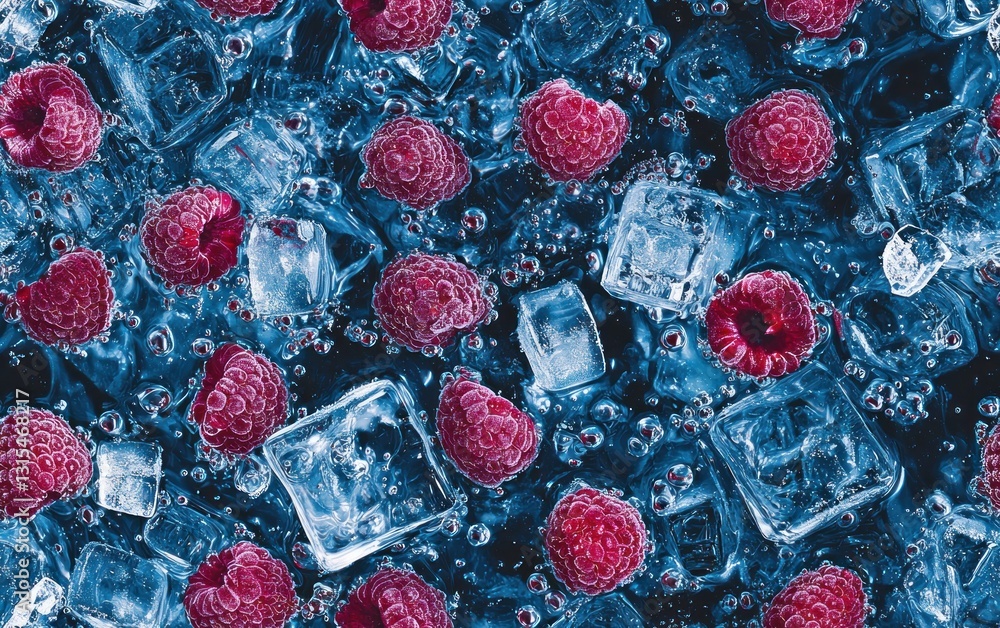 Poster close-up view of vibrant red raspberries submerged in melting ice cubes against a dark blue backgrou