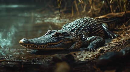 Fototapeta premium Close-up of a crocodile resting near water.