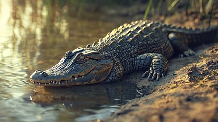 Fototapeta premium Alligator resting by water at sunset.