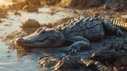Alligator resting on muddy riverbank at sunset.