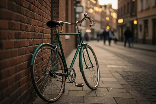 A vintage bicycle leaning against a brick wall, urban background blurred