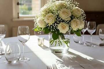 Elegant White Rose Centerpiece on a Formal Table Setting