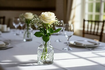 Elegant White Rose Centerpiece on a Table Setting