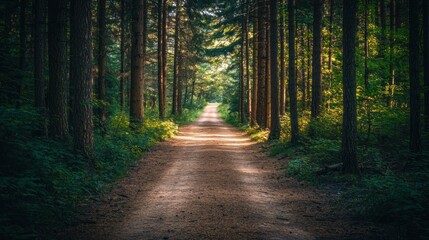 Fototapeta premium Sunlit path through a dense pine forest.