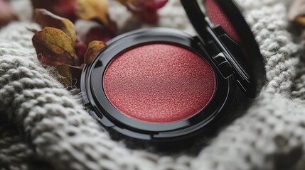 A classic red blush compact, opened to reveal its soft, velvety texture.
