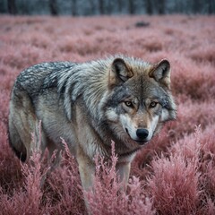 Obraz premium A winter wolf in a frost-covered pink grass meadow.