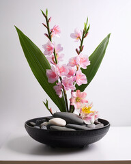 Traditional Japanese Ikebana Art in a Black Vase