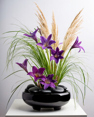 Traditional Japanese Ikebana Art in a Black Vase
