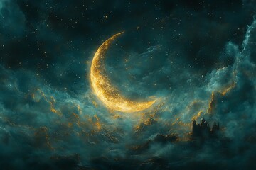 Fototapeta premium Glowing Crescent Moon Amid Swirling Clouds and Twinkling Stars