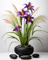 Traditional Japanese Ikebana Art in a Black Vase
