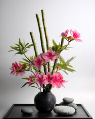 Traditional Japanese Ikebana Art in a Black Vase