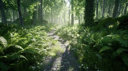 Obraz premium Sunlit path through lush green forest with ferns and moss.