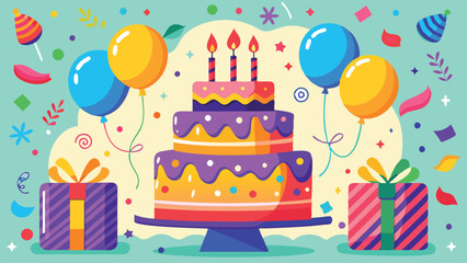 Colorful birthday celebration with cake, balloons, and gifts in a festive atmosphere featuring vibrant decorations and cheerful elements