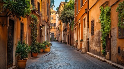Fototapeta premium Charming old street in Rome with beautiful architecture, capturing the essence of the city. Perfect for a picturesque postcard.
