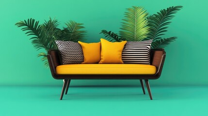 Fototapeta premium A cozy loveseat with decorative pillows, placed on a stylish green background.