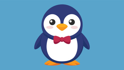 Obraz premium Cute penguin in a blue bow tie standing against a light blue background, creating a cheerful and playful atmosphere for any occasion