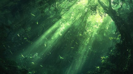 Sunbeams filtering through lush green forest canopy.