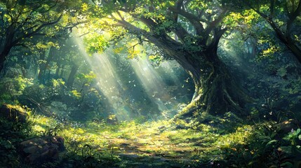 Obraz premium Sunbeams illuminate a lush forest path.