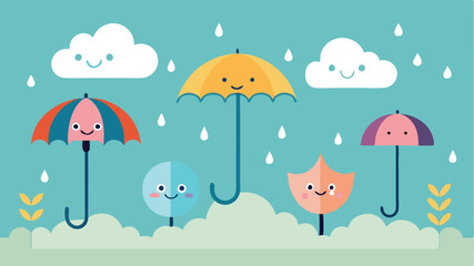 Bright and cheerful vector illustration of umbrellas on a rainy day in a playful setting with smiling clouds and raindrops