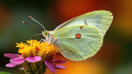 Pale butterfly on vibrant flower.