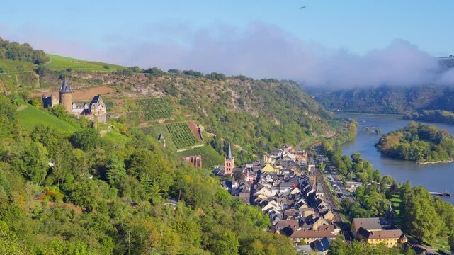 Aerial viewpoint over the Rhine Valley town of Bacharach, Germany with parallax tracking movement