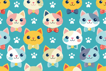 Cute cat heads with bows and colorful flowers arranged on a pink background in a fun and playful pattern for childrens decor