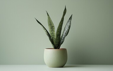 A potted snake plant with variegated leaves sits on a light green surface against a muted green wall. The pot is light green with dark speckles. The image is clean and minimalist