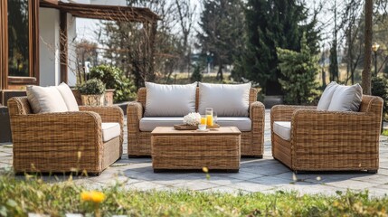 Comfortable outdoor furniture set made of rattan wicker for your garden or patio. It includes a cozy sofa, two armchairs with soft cushions, and a coffee table.