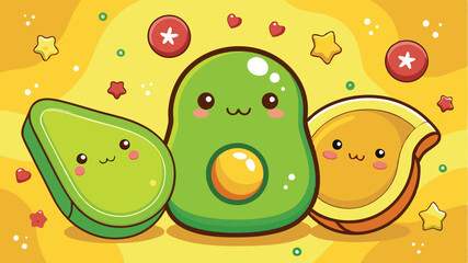 Cute vector illustration of happy avocado, toast, and fruits on a colorful background with playful expressions and fun elements