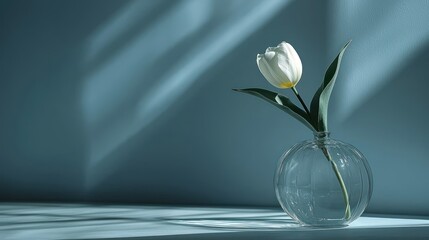 Single white tulip in a clear glass vase against a blue background with sunlight.