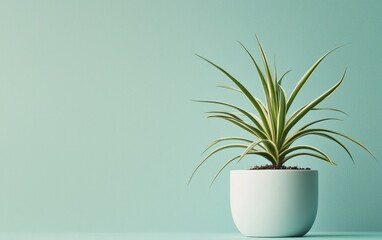 A vibrant green plant with variegated leaves in a white pot against a teal background. The image is simple and clean, showcasing the plant's details