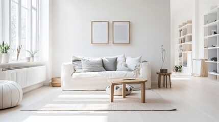 Fototapeta premium Cozy and clean living room with Scandinavian style. White walls and furniture create a bright and airy space.