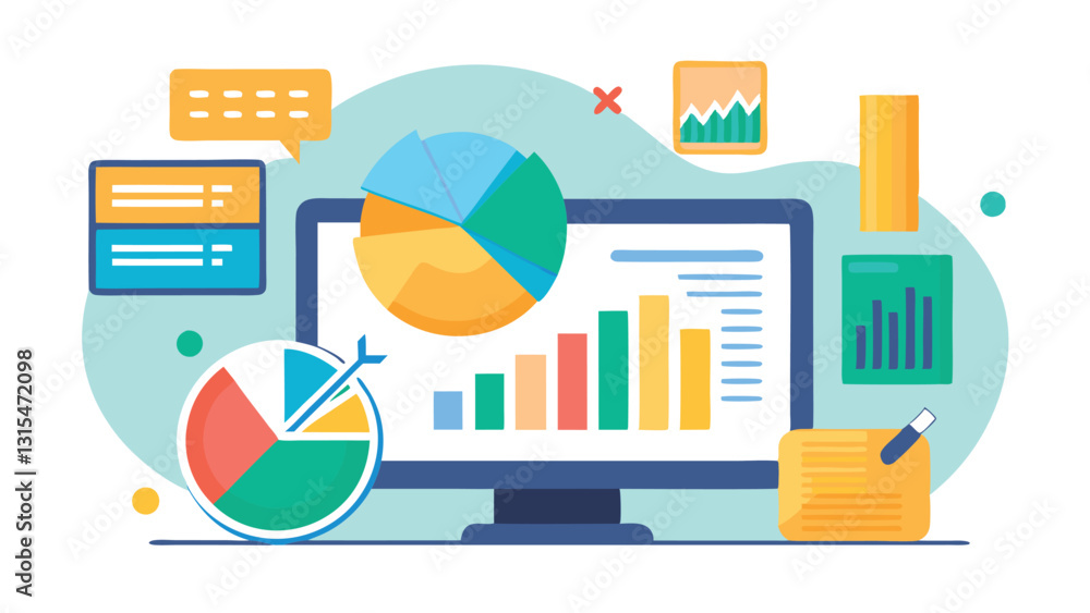 Poster colorful vector illustration featuring data analysis tools, charts, and graphs on computer screens s