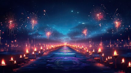 Night path of lights, festive fireworks, starry sky