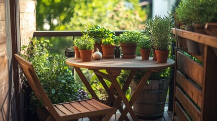 Fototapeta premium Cozy balcony with wooden table and chairs for two. Pots of herbs like basil, onion, and rosemary add a touch of nature to this outdoor space.