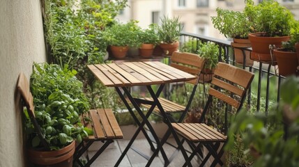 Cozy balcony with wooden table and chairs for two. Pots of herbs like basil, onion, and rosemary add a touch of nature to this outdoor space.