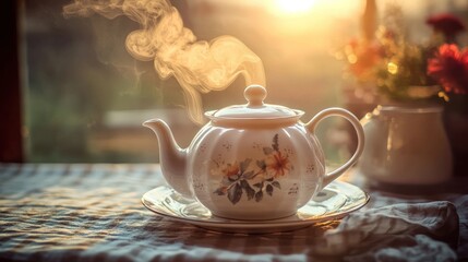 Fototapeta premium Steaming teapot on table at sunset.
