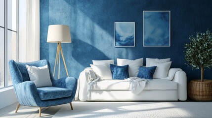 Cozy living room features a white sofa, armchair, and lamp. The walls are adorned with blue posters, creating a serene atmosphere.
